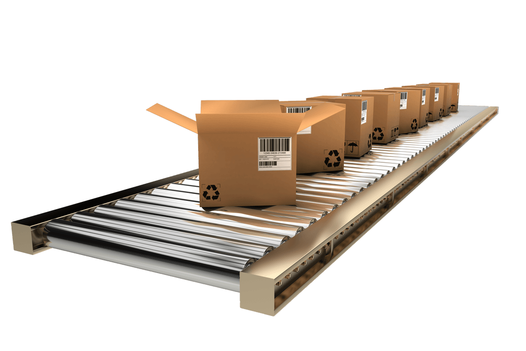Row of Brown Cardboard Boxes on Conveyor Belt Transparent Background