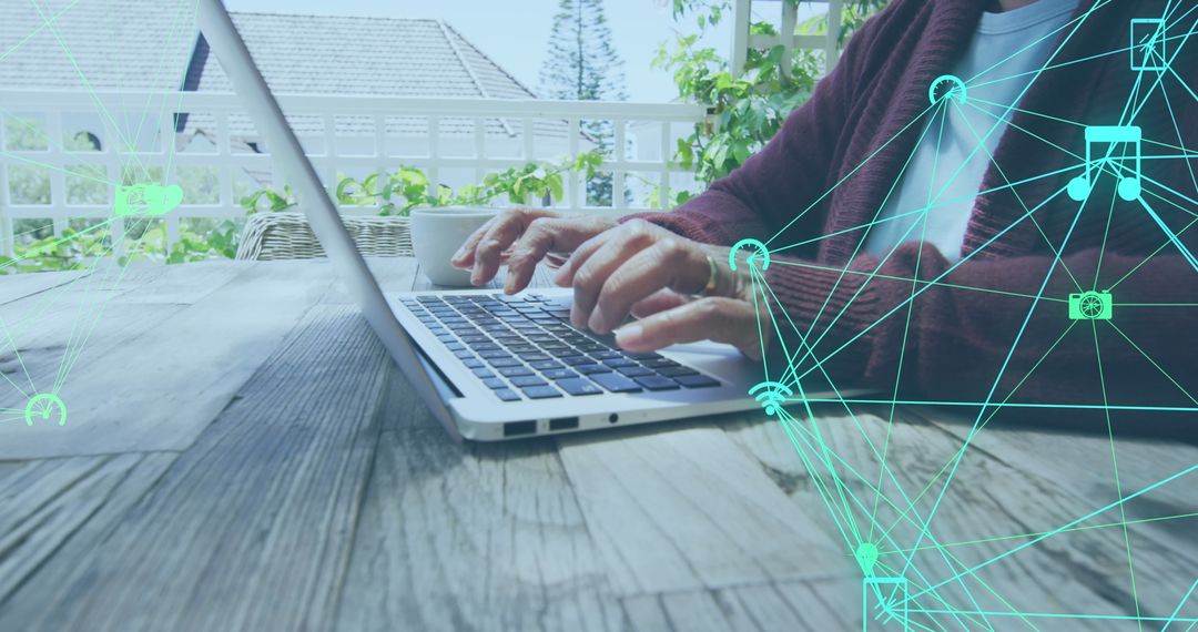 Senior Woman Using Laptop with Virtual Network Connections
