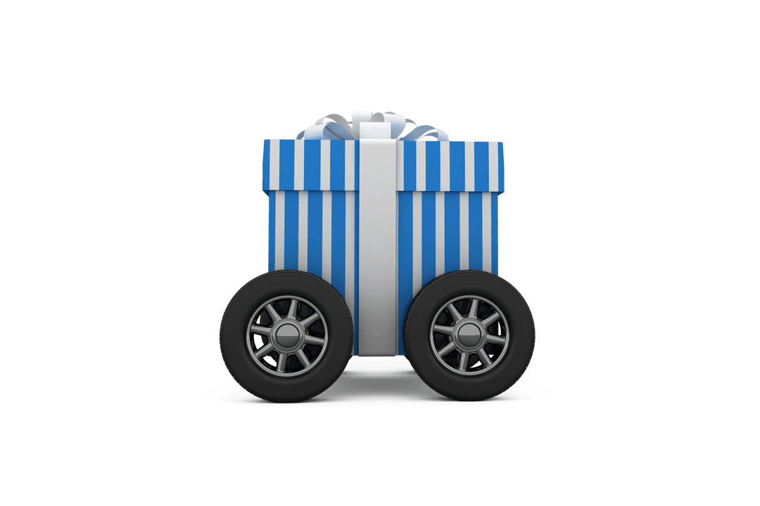 Transparent Gift Box on Wheels with Blue and White Stripes Design