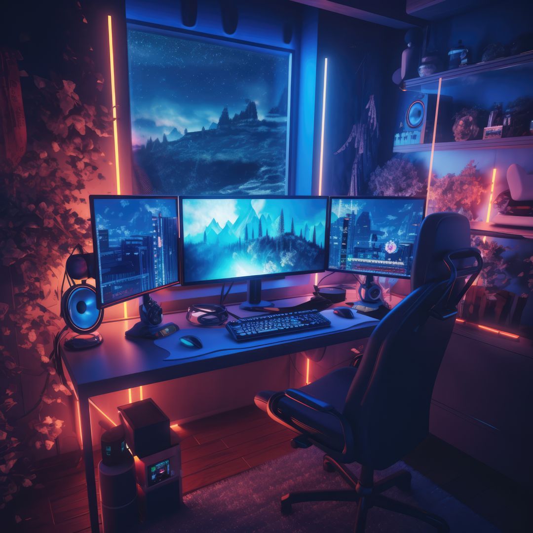 Futuristic Gaming Setup with Triple Monitors and Neon Lighting - Free Images, Stock Photos and Pictures on Pikwizard.com