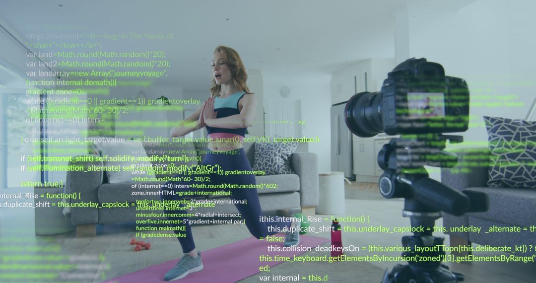 Woman Practicing Yoga with Digital Code Overlay