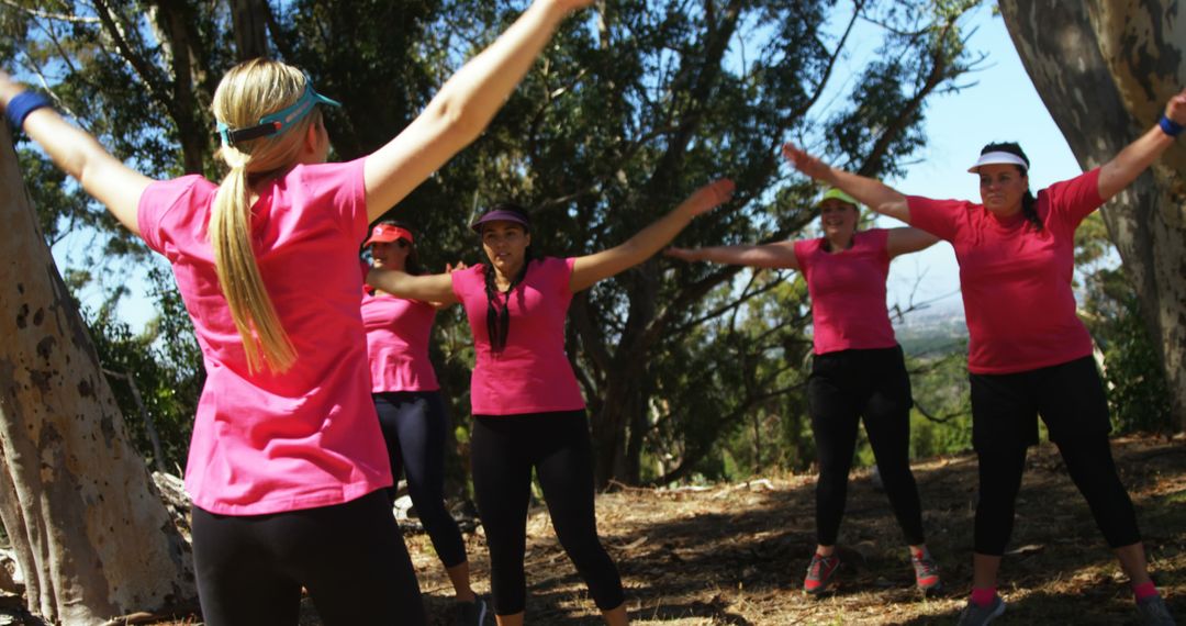 Group of Women Exercising Outdoors in Pink Shirts - Free Images, Stock Photos and Pictures on Pikwizard.com