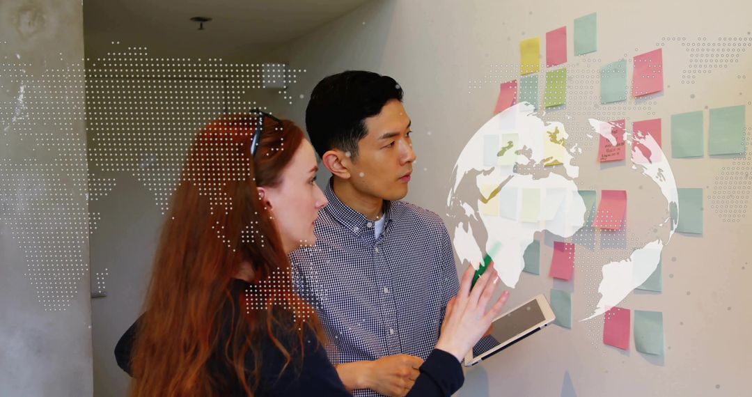 Collaboration over Planning Wall with Digital World Map Overlay