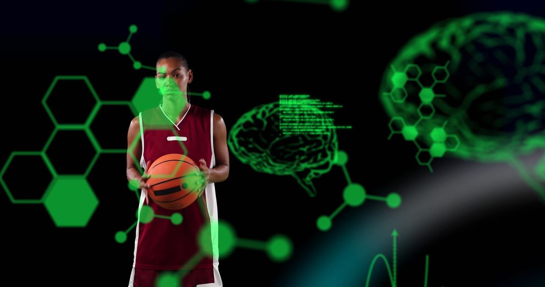 Female Basketball Player with Futuristic Brain Data Overlay