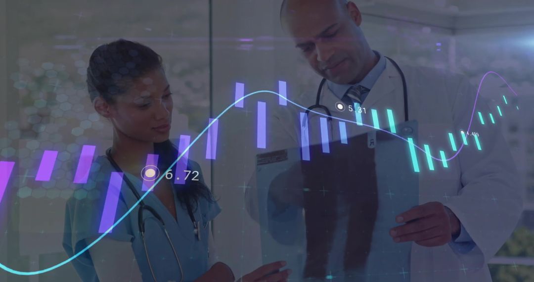 Doctors Analyzing Data with Futuristic Medical Technology Overlay