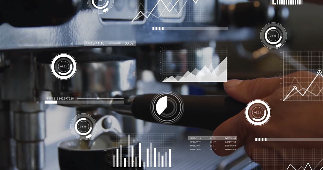 Barista Locks Portafilter on Smart Espresso Machine with Digital Data Graphics