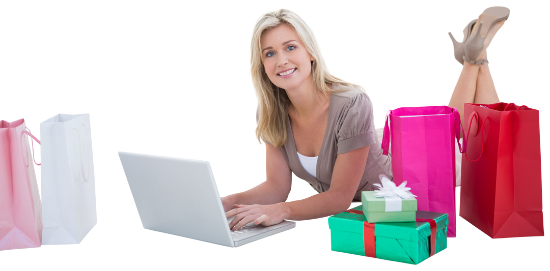 Happy Blonde Woman Shopping Online with Laptop Surrounded by Bags and Gifts on Transparent Backdrop - Download Free Stock Images Pikwizard.com