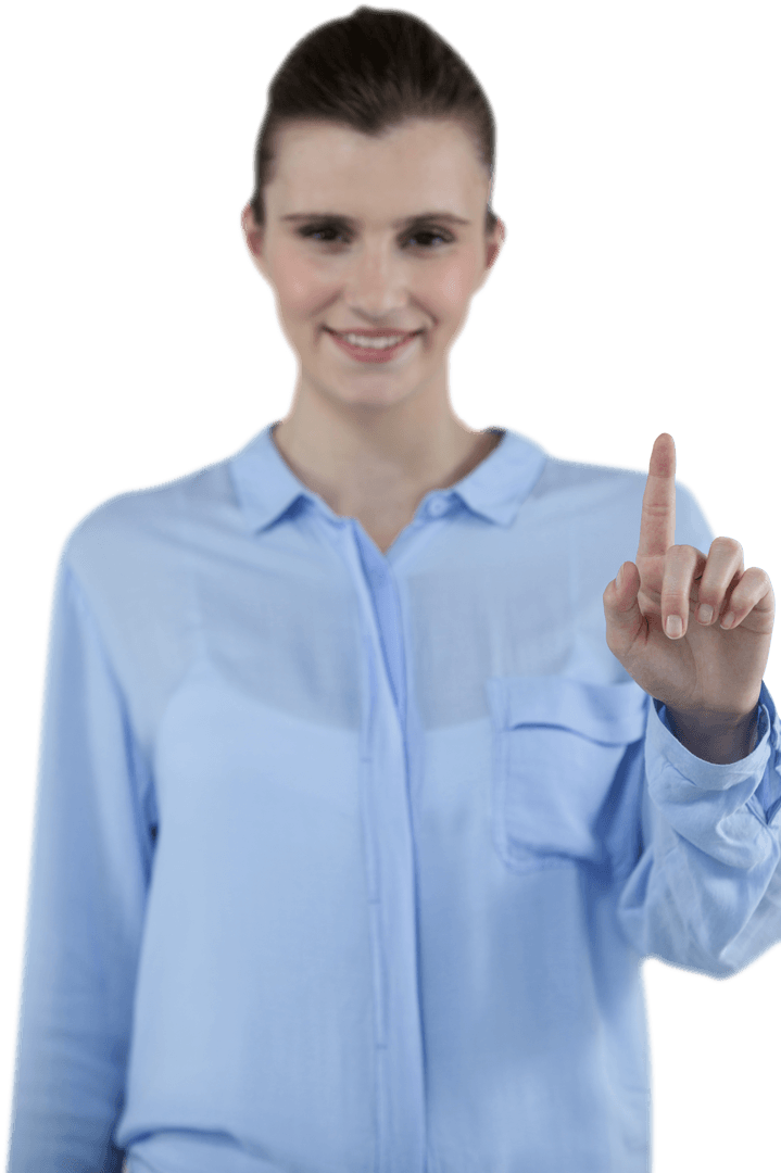 Transparent Interface with Smiling Businesswoman Interacting Digitally