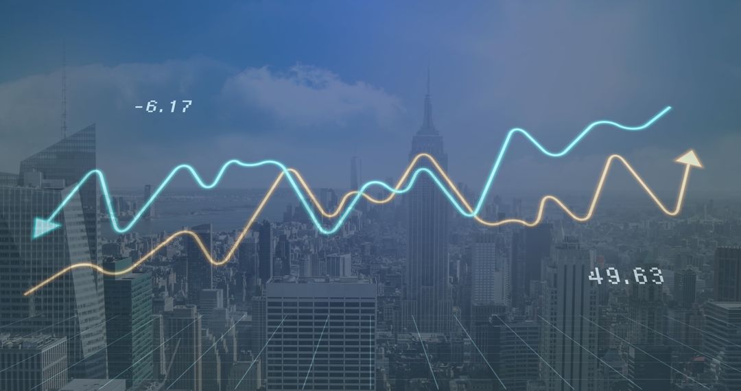 Cityscape Blended with Graphs Showing Finance Trends