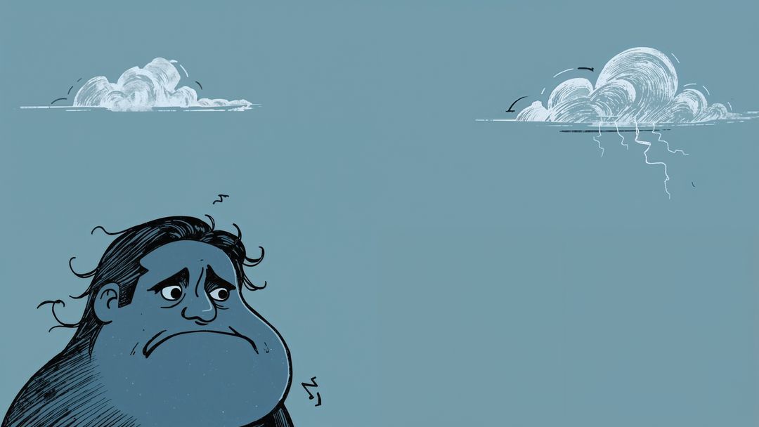 Introspective Man and Floating Clouds on Blue Background