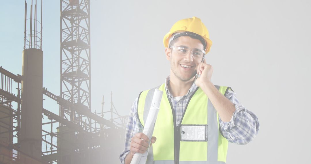 Architect Holding Blueprints at Construction Site on Phone Call