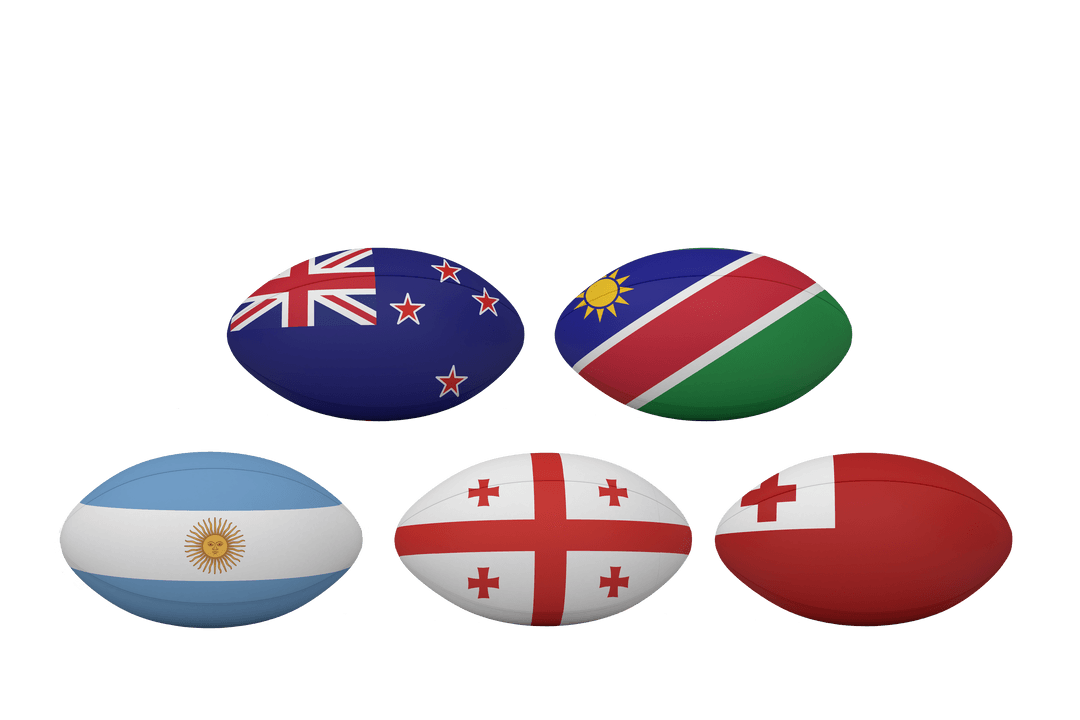 Transparent Rugby Balls Displaying Various National Flags