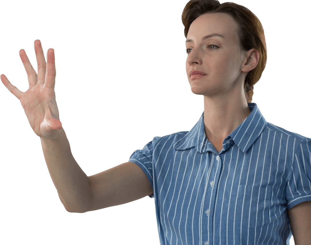 Focused Caucasian Woman Gesturing with Hand on Transparent Background