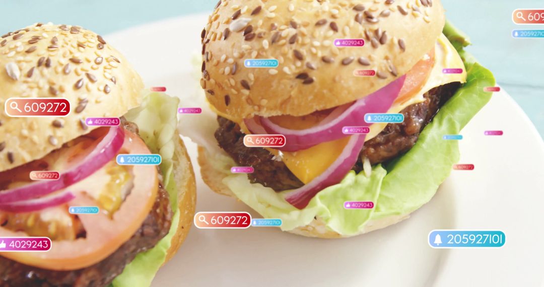 Gourmet Cheeseburgers with Digital Numeric Tags Representing Data Analytics