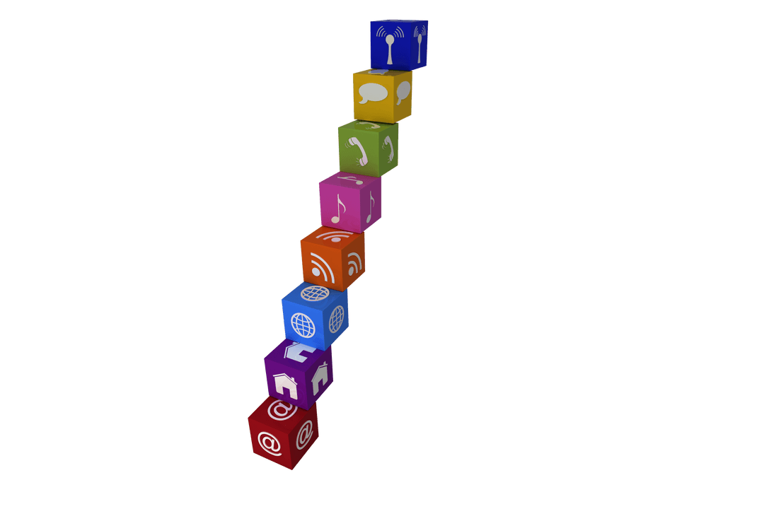 Stack of Colorful Cubes with Social Media and Technology Icons Transparent