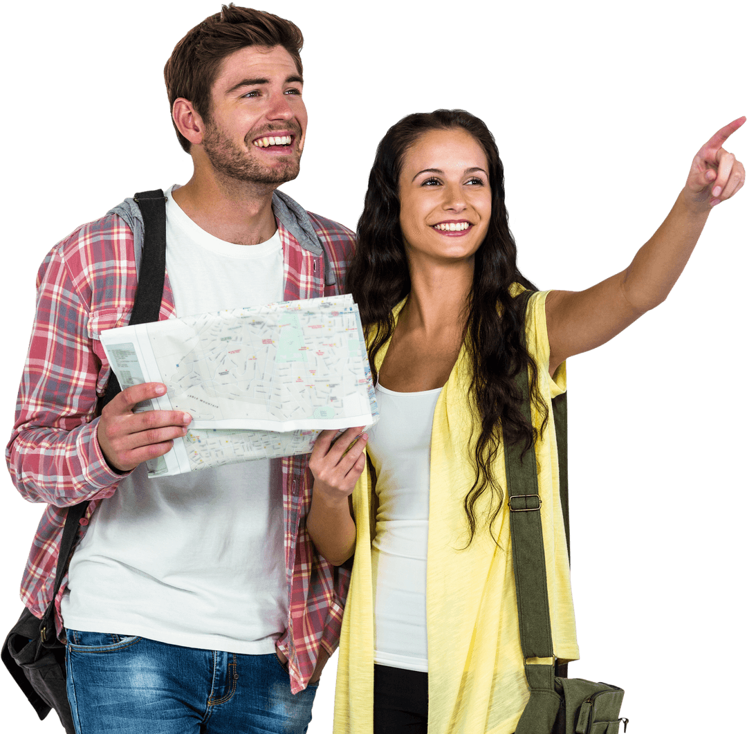 Smiling Couple Exploring with Map and Backpacks Transparent