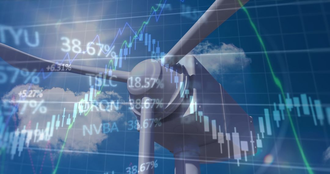 Wind Turbine Overlaid with Financial Charts for Green Energy Concept