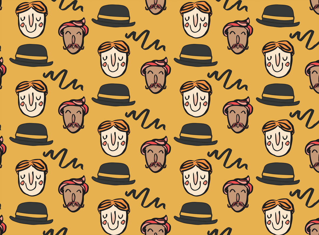 Colorful Cartoon Faces and Hats Pattern on Transparent Background
