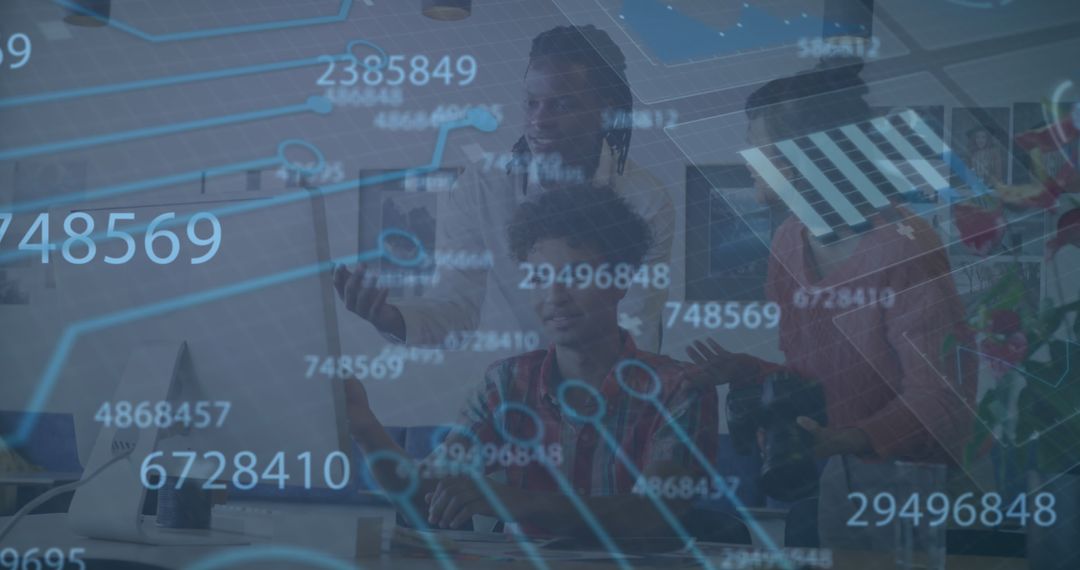 Diverse Friends Collaborating on Tablet with Digital Overlays