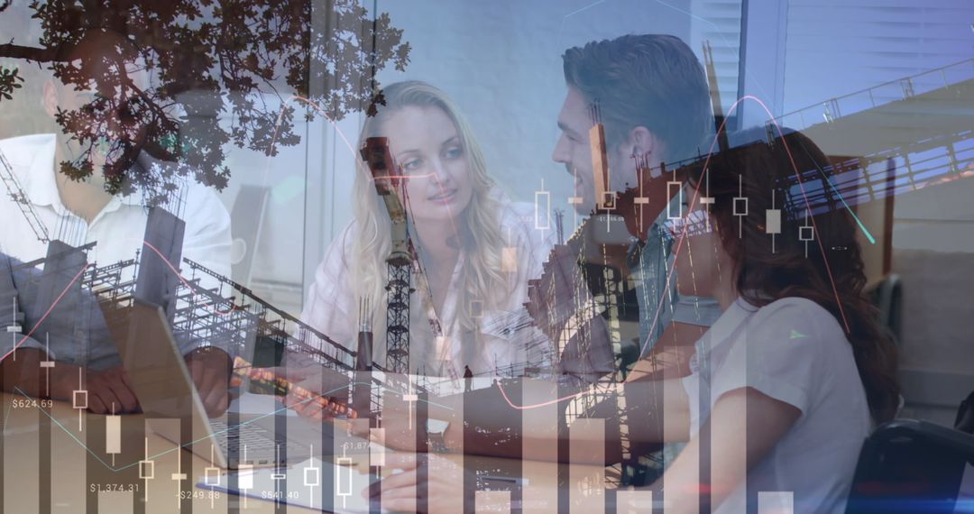 Business Team Collaborating with Digital Financial Graph Overlay