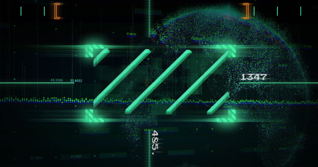Futuristic Digital Interface with Glowing Green Bars and Data Visualization