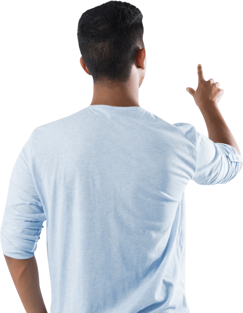 Rear View Transparent Background Man Touching Invisible Screen