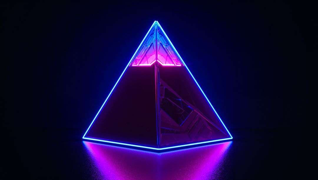 Glowing Glass Pyramid Emitting Neon Magenta and Cyan Light on Glossy Reflective Floor
