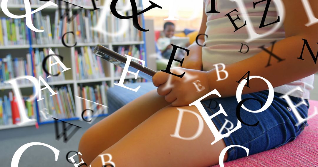 Schoolchildren Using Tablet with Moving Alphabet Letters
