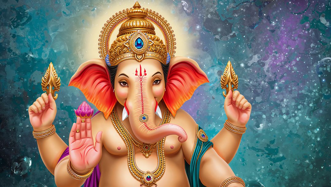 Ganesha in Cosmic Realm with Lotus and Axe