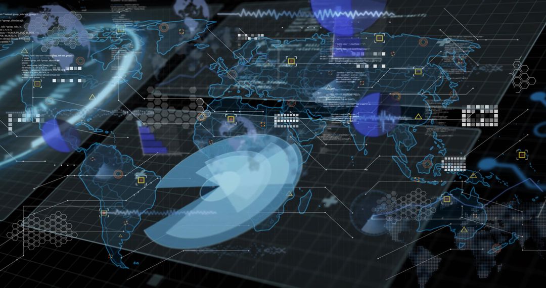 Projecting global holographic dashboard displaying radar arcs and real-time analytics