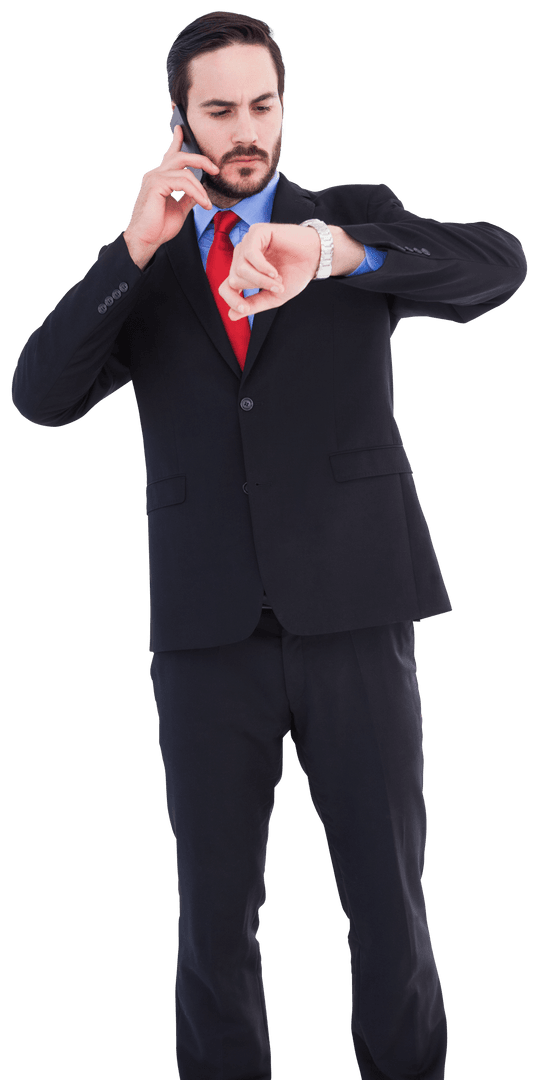 Transparent Businessman Checking Watch While Talking on Phone