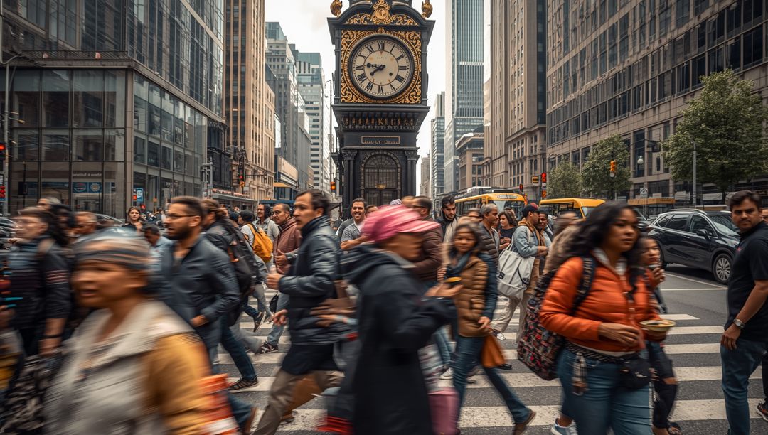 Bustling City Intersection with Gilded Clock Tower