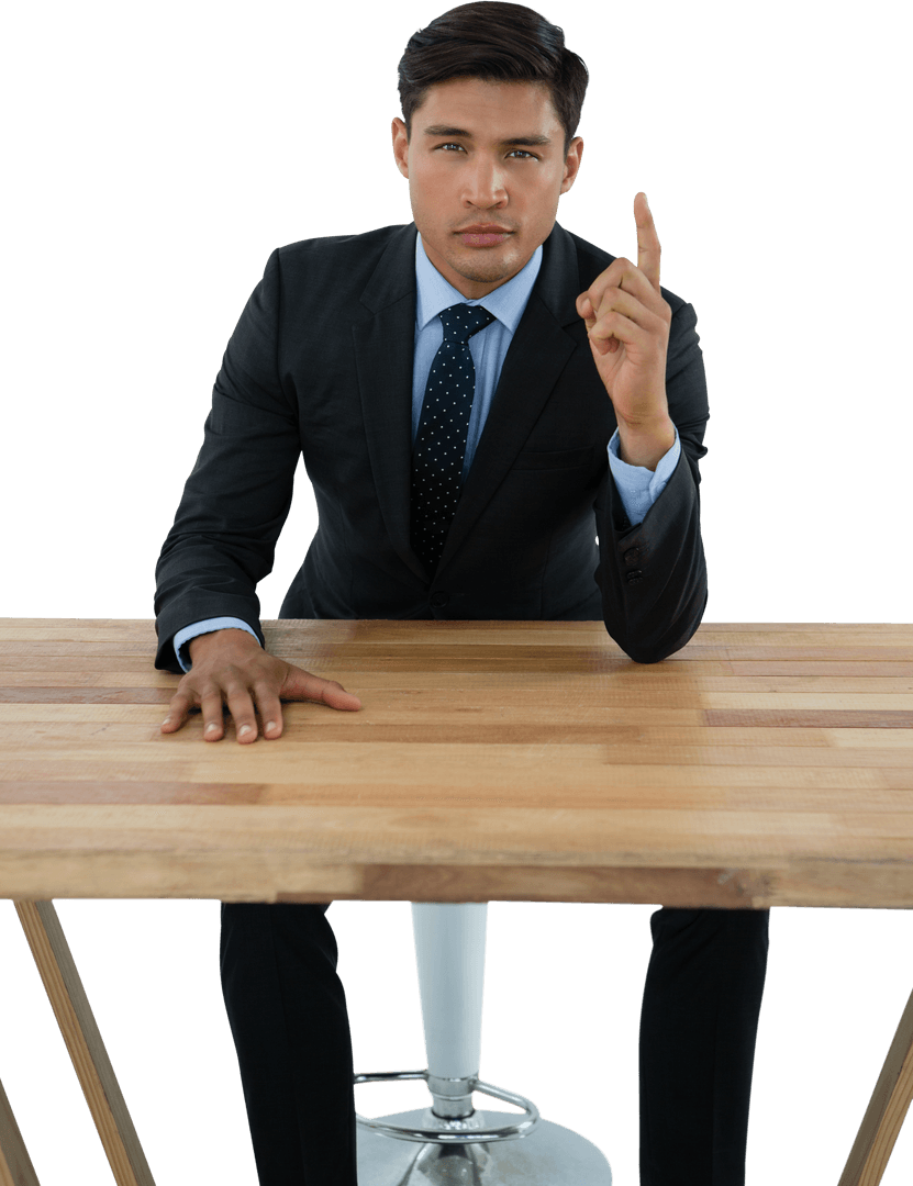 Transparent Businessman Pointing with Confidence at Wooden Table