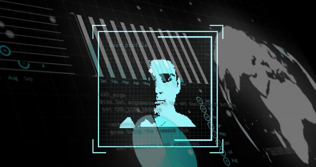 Digital Profile Portrait with Data Overlay on Global Technology Background