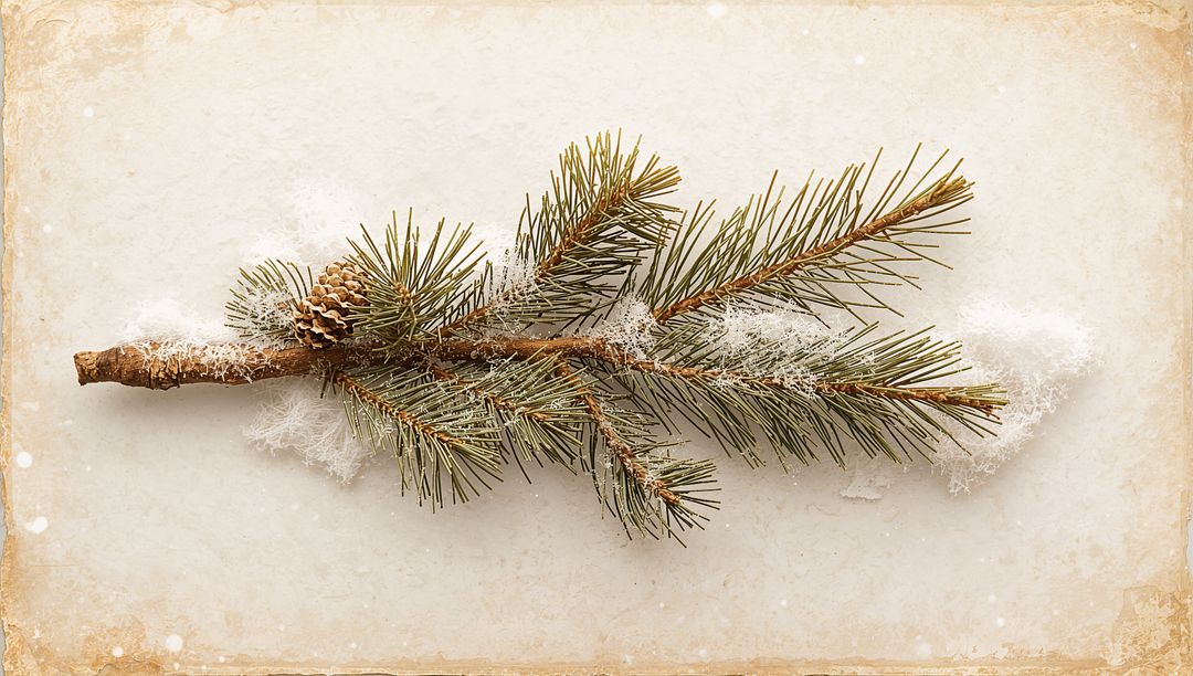 Frosted pine branch with pine cone on vintage parchment, minimalist winter still life