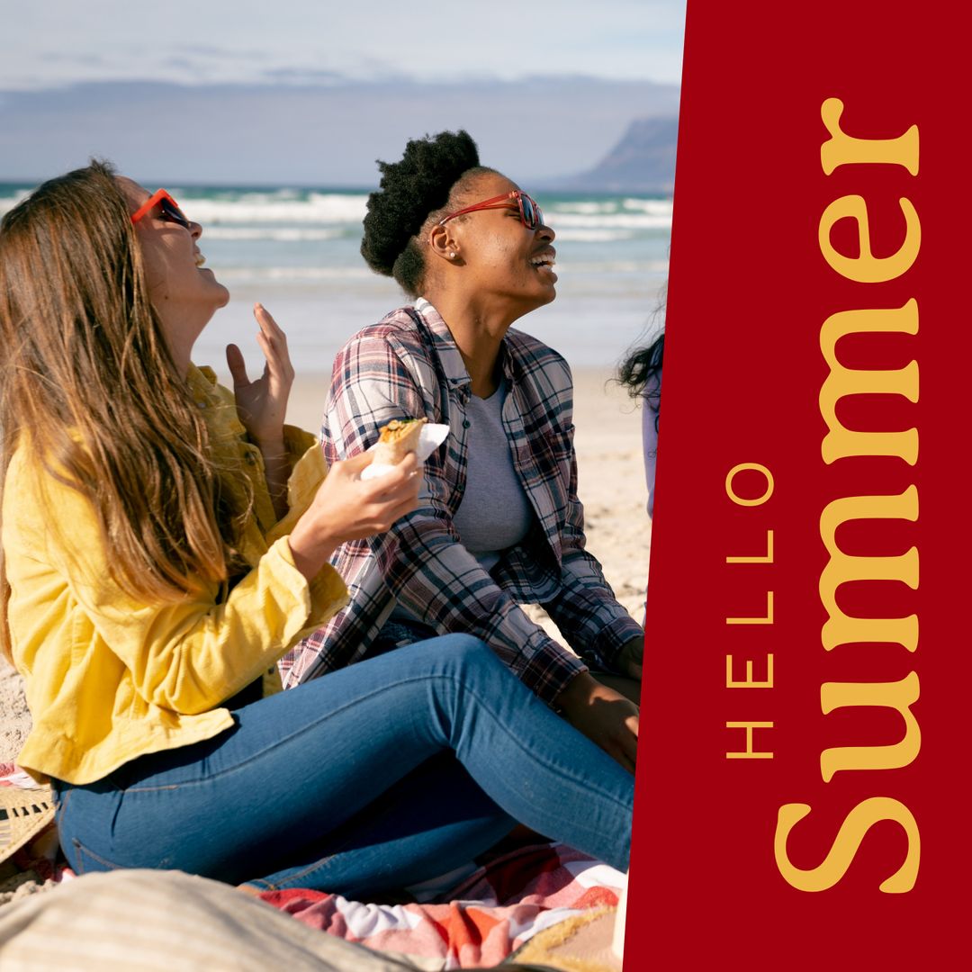 Diverse Friends Enjoying Sunny Beach Day with Summer Greetings