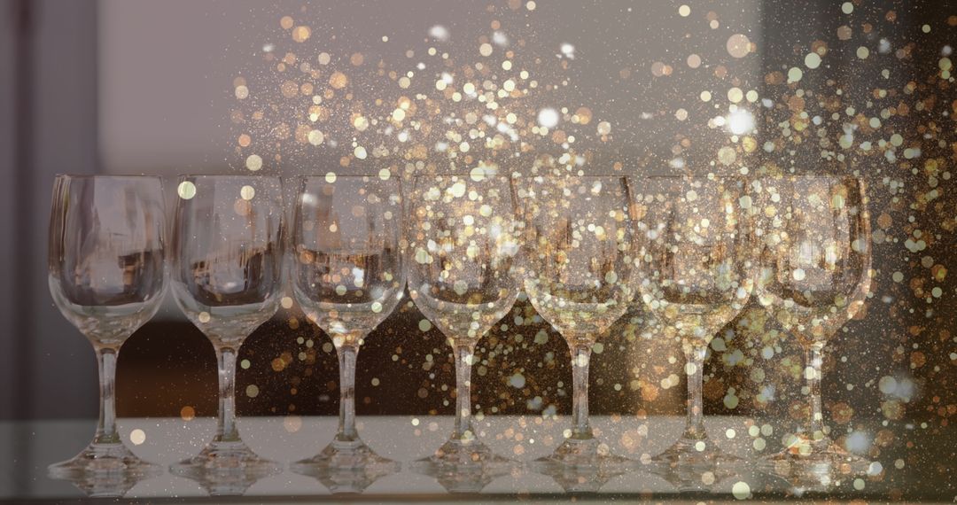 Empty Wine Glasses with Sparkling Golden Lights