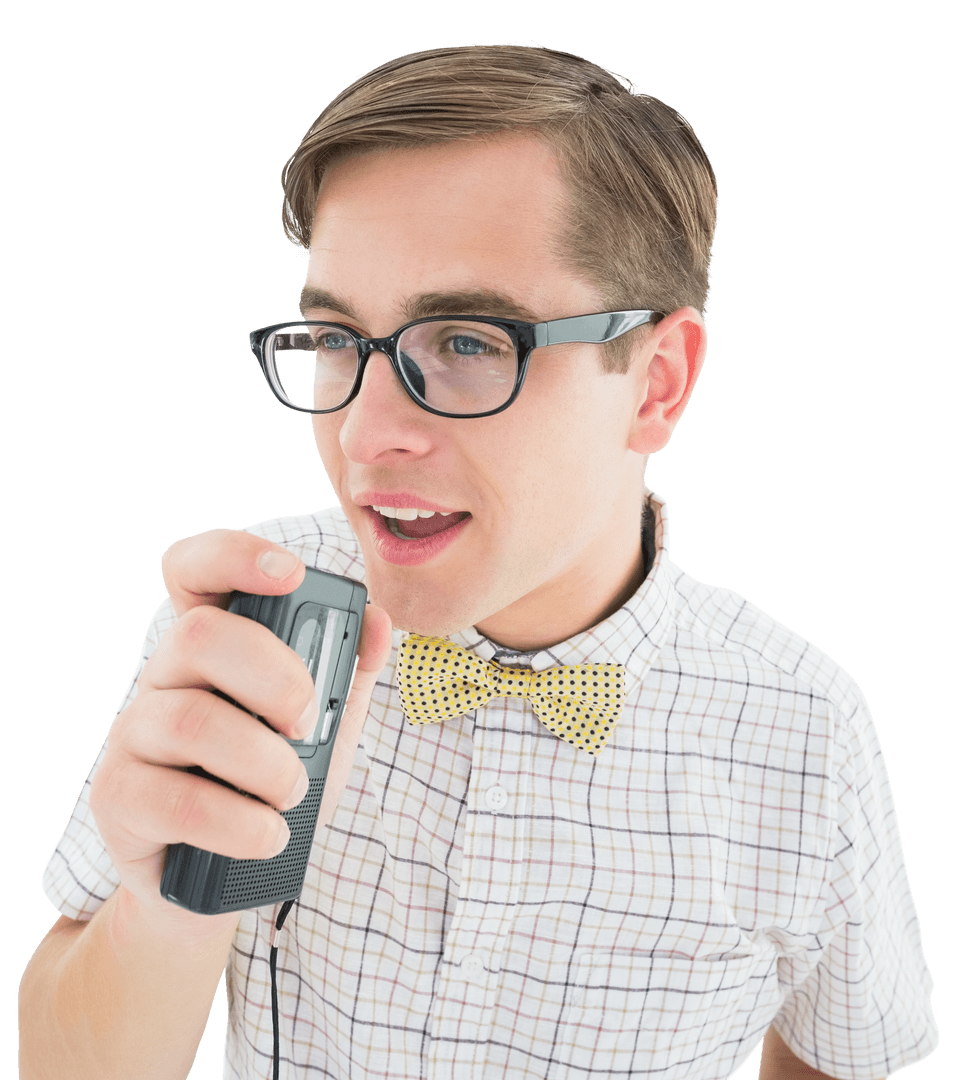 Geeky Hipster Expressing with Dictaphone on Transparent Background