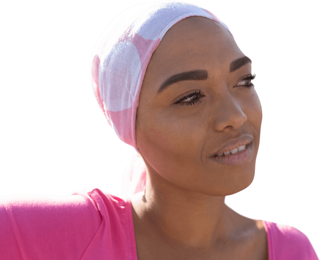Woman in Pink Headscarf With Thoughtful Expression Transparent Background