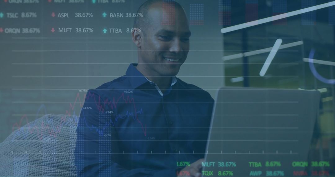 Businessman Analyzing Stock Data on Laptop in Modern Office