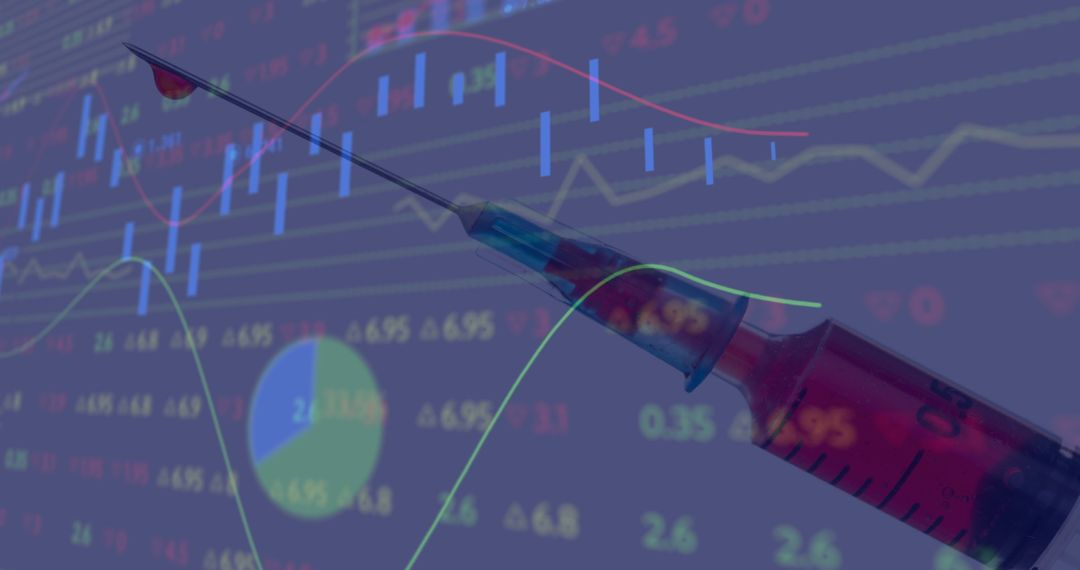 Syringe Overlaid with Financial Charts Illustrating Vaccine Data Concept