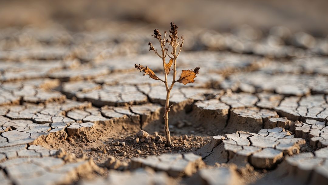 Alone sapling on cracked desert terrain amidst drought