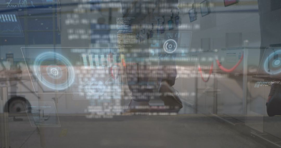 Caucasian Businesswoman in Airport with Digital Data Visualization