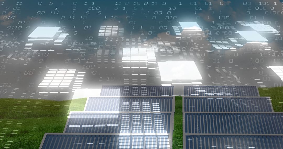 Solar Panel Array with Binary Code Overlay Amidst Rural Landscape