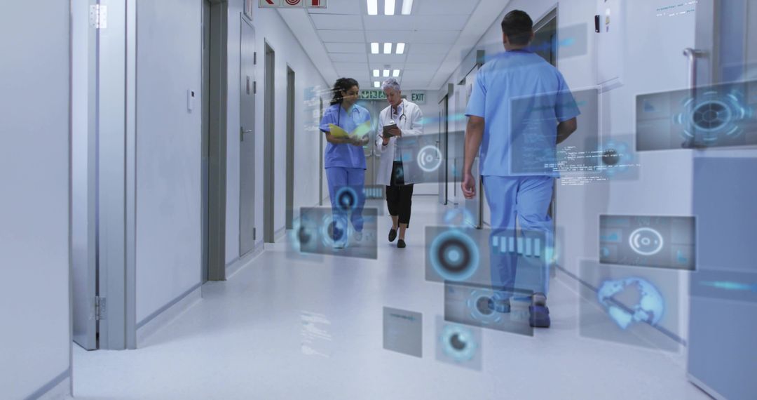 Medical Team Walking Through Futuristic Hospital Corridor with Holographic Diagnostics