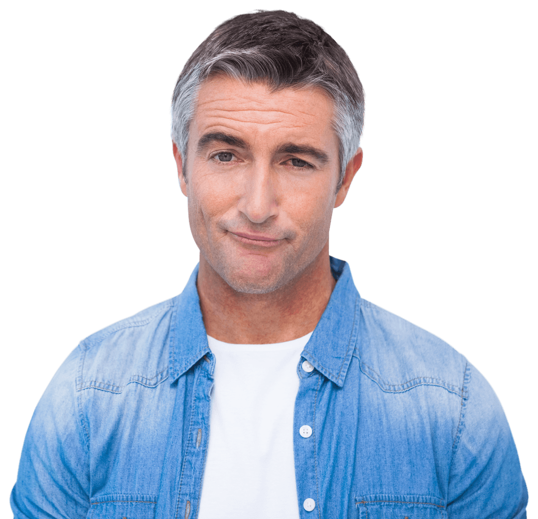 Transparent Portrait of Unsure Caucasian Man in Denim Shirt