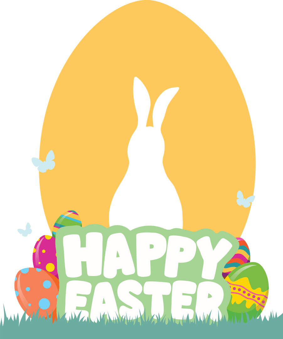 Transparent Happy Easter Rabbit Illustration with Eggs and Text Banner