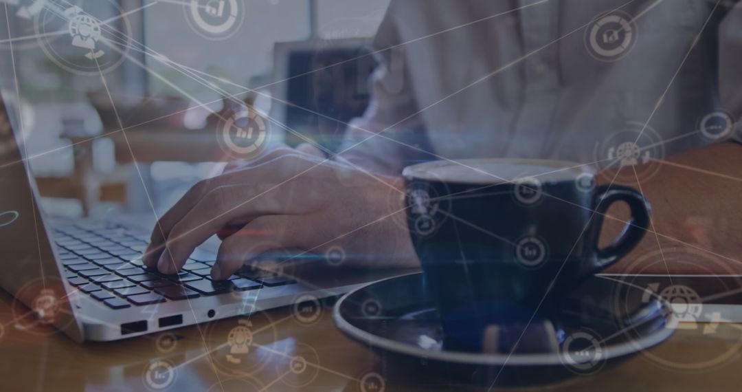 Man Working on Laptop with Cyber Security Icons Overlay at Cafe