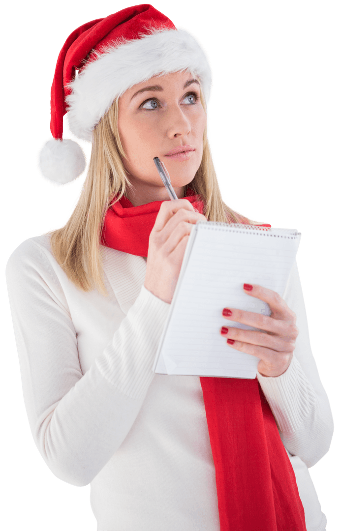 Festive Woman Writing Christmas List with Pen and Notepad Transparent