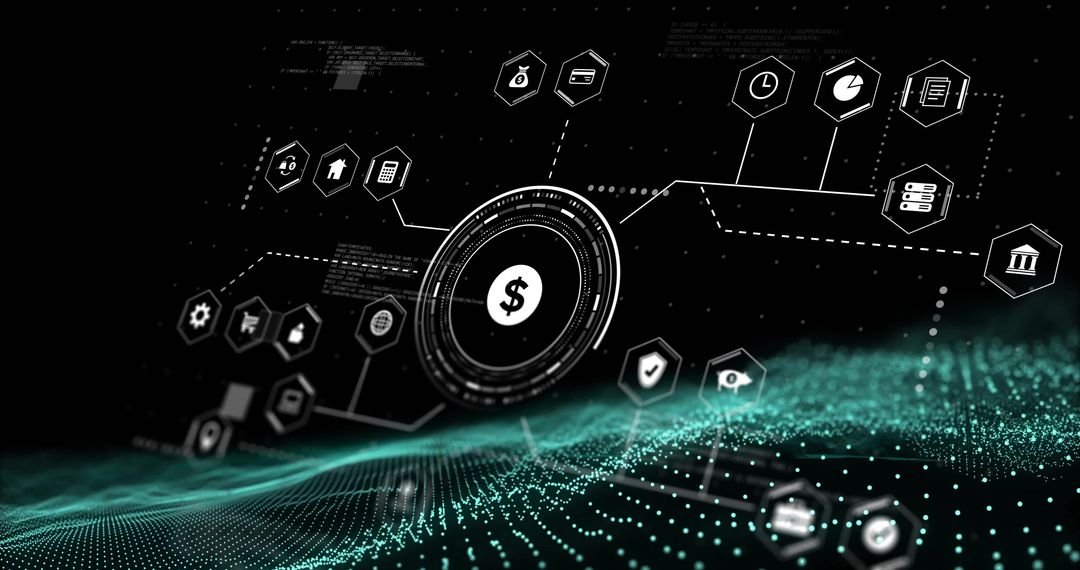 Digital Interface with Financial Data Icons and Network Connections